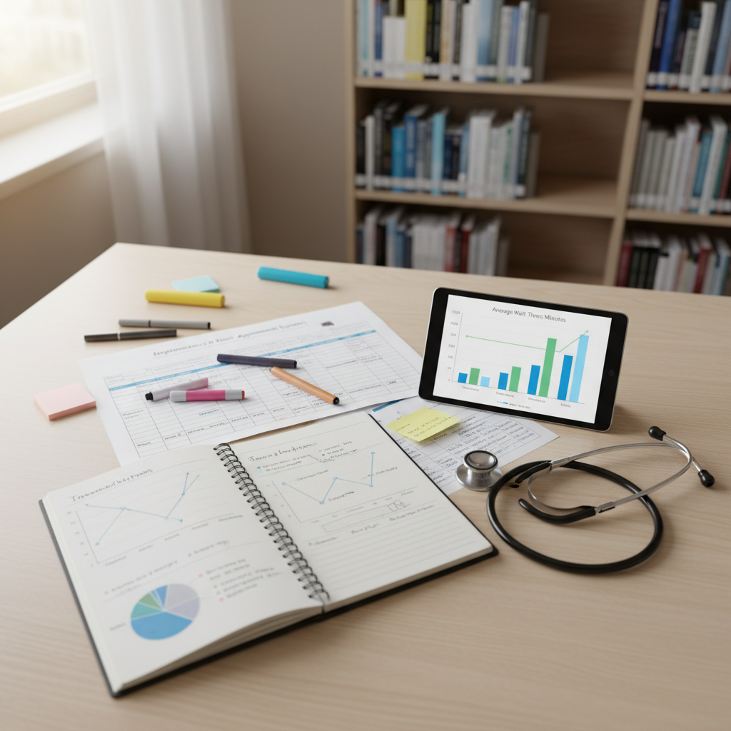 A detailed overhead view of a student health administrator’s project desk preparing a quality improvement report: a meticulously arranged open notebook filled with neat, hand-drawn charts, a tablet showing a bar graph of reduced wait times, a printed Gantt chart for implementing a new appointment system, and a stethoscope placed symbolically beside them to represent clinical partnership. The surface is a light wood study table in a quiet campus library, with shelves of health policy books blurred in the background. Soft, diffused afternoon light from a nearby window creates a gentle glow and faint shadows from pens and paper edges. Photographic realism with a clean, analytical feel, emphasizing rigorous, collegiate-level health administration work.