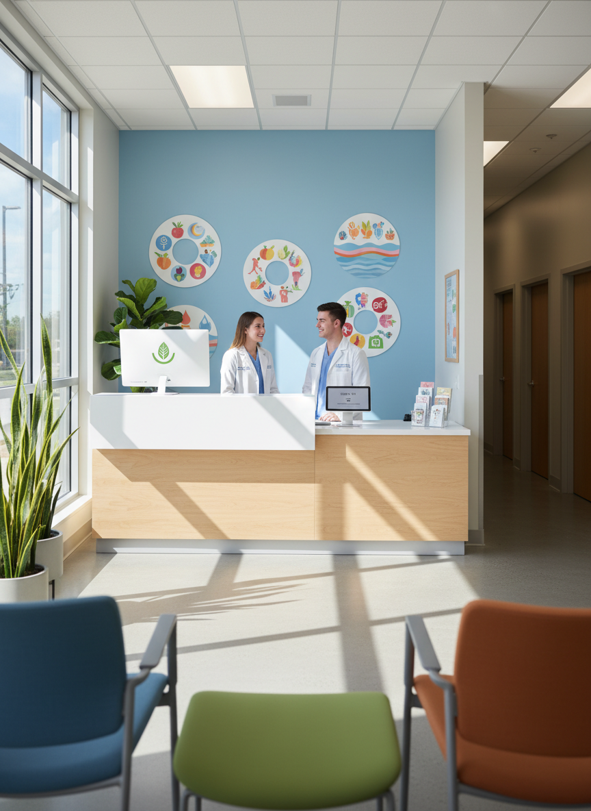 A bright, welcoming community health clinic reception area designed by student health administrators, featuring a long, uncluttered reception counter with a streamlined computer kiosk, sign-in tablet, and neatly arranged informational brochures with abstract icons. The walls display colorful, non-text infographic-style posters about wellness and preventive care. Sunlight pours through large front windows, casting warm, natural light across the polished floor and soft shadows behind potted greenery. Shot at eye level with moderate depth of field, keeping the reception counter in sharp focus while gently blurring the waiting area chairs and open doorway to exam rooms. Photographic realism with a calm, service-oriented mood, emphasizing accessible, community-focused healthcare administration.