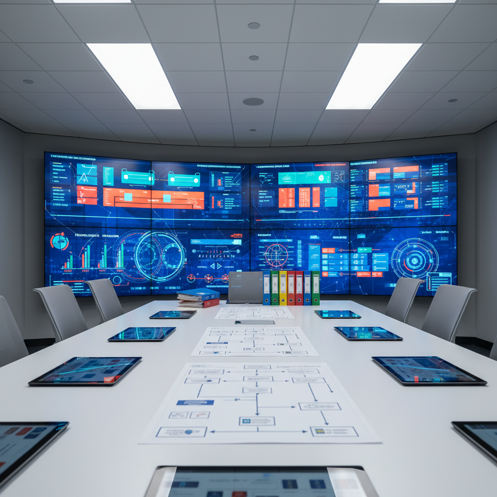 A modern situation room-style space for health administration crisis planning on a college campus, dominated by a large wall-mounted display showing abstract dashboards of hospital bed usage, emergency visits, and resource allocation in bold colors without readable text. Below the screens, a long white table holds neatly aligned tablets, printed emergency response flow diagrams, and color-coded binders representing different departments. Cool, even overhead lighting and subtle glow from the screens create a focused, high-tech atmosphere. Photographic realism from a slightly low, wide-angle perspective, emphasizing the scale of the data wall and the readiness of the workspace, conveying leadership, professionalism, and systems-level thinking in health administration.
