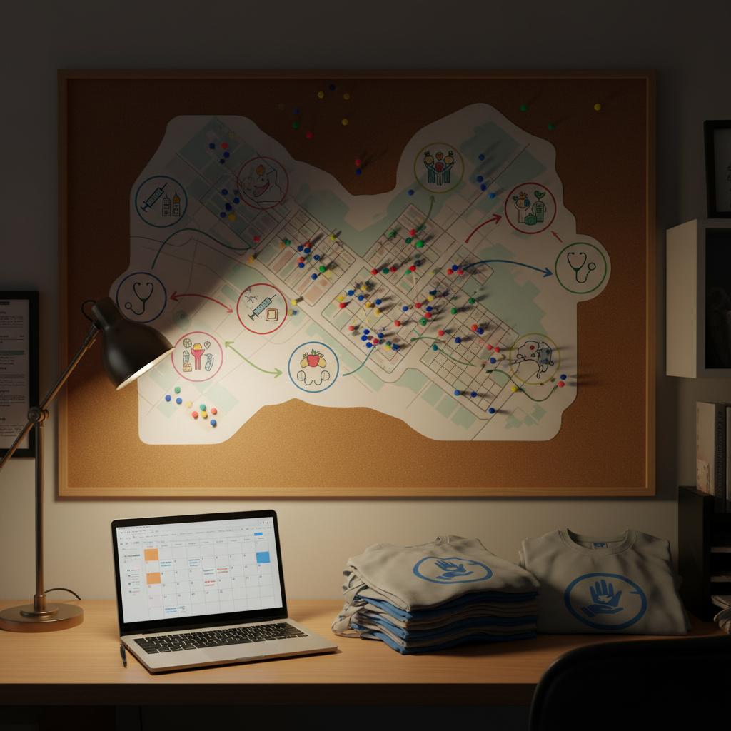 An evening scene in a university community-outreach office, centered on a large bulletin board covered with carefully arranged, text-free visual materials: colorful map pins indicating underserved neighborhoods, illustrated icons for vaccination events, and arrows linking various outreach strategies. Below, a tidy workstation holds a laptop displaying a calendar grid of upcoming health fairs, next to a stack of branded but text-free tote bags and folded T-shirts ready for volunteers. Warm desk-lamp lighting mixes with dim ambient overhead light, creating cozy highlights on the board’s pushpins and slight vignetting at the edges of the frame. Photographic realism, shot straight-on with moderate depth of field, producing an atmosphere of committed, service-focused planning in health administration.