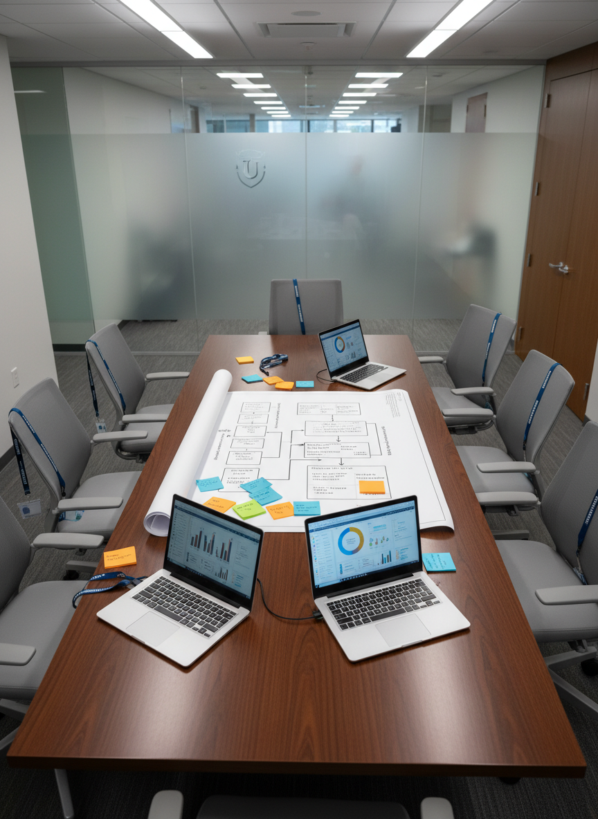A polished conference table in a university health sciences building, covered with collaborative health administration project materials: a large printed flowchart of a patient intake process, color-coded sticky notes arranged in clusters, and open laptops showing data visualizations of clinic performance. Around the table sit empty ergonomic chairs with neatly draped ID lanyards, implying an active student leadership team just stepped away. Overhead LED lighting casts even, neutral illumination, with soft reflections gliding across the dark wood surface. The background reveals frosted glass walls and a blurred campus health clinic beyond. Photographic realism at a slightly elevated angle, balanced composition, creating an atmosphere of focused teamwork, strategic planning, and professional academic collaboration in healthcare administration.